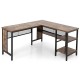 L-shaped industrial computer desk in rustic brown with storage shelves and durable steel frame for home or office use.