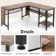 L-shaped rustic brown computer desk with metal mesh baffles and adjustable foot pads, ideal for home office storage.