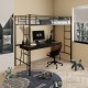 Twin size metal loft bed in black with full-length guardrails and two ladders, ideal for small rooms and workspace.