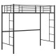 Twin size metal loft bed in black with full-length guardrails and two ladders, ideal for space-saving in small rooms.