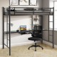 Loft bunk bed with desk and storage shelf in black, featuring full-length guardrails and steel ladder for kids' safety.