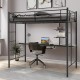 Twin size loft bunk bed in black with desk, shelves, and full-length ladders for space-saving functionality.
