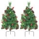 Set of 2 pre-lit 29-inch Christmas trees with ornaments, pine cones, and battery-powered design for festive decoration.