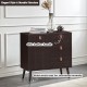 3-drawer sideboard storage cabinet in brown with leather handles and solid wood legs, perfect for living room or office.