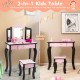 Kids vanity set with tri-folding mirror in pink and black leopard print, convertible to writing desk for versatile use.