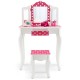 Kids vanity table and stool set in pink with polka dot print, featuring a tri-folding mirror and ample storage space.
