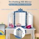 Tri-folding HD mirror with snowflake design on a children's vanity table set, ideal for self-makeup and play.