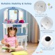 Princess vanity table and chair set in blue with tri-folding mirror, featuring snowflake print and non-slip foot pads.