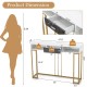 Narrow long sofa table with faux marble top and gold steel frame, featuring a drawer and two storage cubes for living.