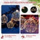 Golden Christmas LED light balls with pre-installed hooks and steel rings for versatile hanging and ground placement.