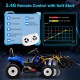 12V kids ride on road roller in blue with 2.4G remote control, featuring adjustable drum roller and safety seat.