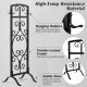 Wrought iron fireplace tool holder with 4 hooks, sturdy black frame, and decorative design for organized tool storage.