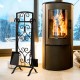 5-piece black wrought iron fireplace tool set with decorative holder, including brush, poker, shovel, and tongs for.