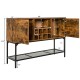 Industrial kitchen buffet sideboard in rustic brown with wine rack, two doors, and metal mesh shelf for storage.