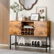 Rustic brown industrial buffet sideboard showcasing an open compartment and 8-bottle wine rack for versatile storage.