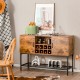 Rustic brown industrial kitchen buffet sideboard with wine rack, two doors, and metal mesh shelf for stylish.