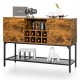 Rustic brown industrial kitchen buffet sideboard with wine rack, two doors, and metal mesh shelf for organized storage.