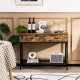 Industrial console table with rustic brown finish, featuring 2 drawers and a steel frame, perfect for small spaces.