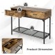 Industrial console table with rustic brown finish, featuring 2 drawers and a wire shelf for small space storage.