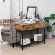Rustic brown 2-drawer industrial console table with steel frame, perfect for small spaces in living rooms or entryways.