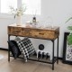 Slim industrial console table in rustic brown with wire shelf and drawers, perfect for stylish storage in small spaces.