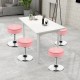 Adjustable pink swivel vanity stool with removable tray, chrome base, perfect for makeup rooms and living spaces.