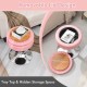 Adjustable pink swivel storage vanity stool with removable tray, featuring hidden compartment and chrome base for.
