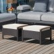 Set of 2 fade-resistant wicker patio ottomans with soft white cushions and acacia wood handles for versatile outdoor.