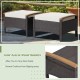 Set of 2 wicker patio ottomans with white cushions and solid acacia wood handles for versatile outdoor use.