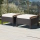 Set of 2 fade-resistant wicker patio ottomans with soft white cushions and acacia wood handles for outdoor use.