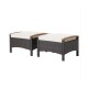 Side view of a fade-resistant wicker patio ottoman with soft white cushion and acacia wood handle, perfect for outdoor.