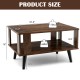 Compact retro mid-century coffee table in rustic brown with dimensions, open shelf, and sturdy construction for.