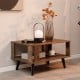 Compact retro mid-century coffee table in rustic brown with open shelf for storage, ideal for living rooms or bedrooms.