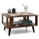 Compact retro mid-century coffee table in rustic brown featuring a smooth surface and open shelf for stylish storage.