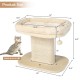 Beige modern cat tree tower dimensions with large plush perch, sisal plate, and stable wooden base for playful.