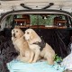 Folding pet divider gate in SUV, featuring adjustable design, heavy-duty metal frame, and mesh for pet visibility.