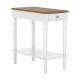 Narrow side table with a drawer and open shelf, featuring a white finish and acacia wood top, ideal for small spaces.