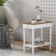 Narrow side table with a wooden top, white finish, drawer, and open shelf, ideal for small spaces in any room.
