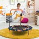 Mini trampoline with colorful LED lights and Bluetooth speaker, featuring a sturdy frame and foam handle for safe.