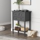 Narrow console table in gray with three storage drawers and open bottom shelf, perfect for small spaces and entryways.