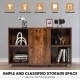 Wood storage cabinet with wheels in rustic brown, featuring 6 compartments for organized storage in any room.