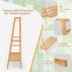 Bamboo clothing rack with storage shelves, featuring a trapezoidal structure and breathable slatted design for.