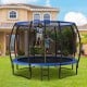 12FT blue recreational trampoline with safety net and ladder, designed for kids and adults, ASTM certified for safety.