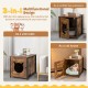Cat litter box enclosure in brown with cat-shaped door, ventilated holes, and vintage wooden finish for stylish pet.