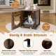 Cat litter box enclosure in brown with a cute cat-shaped hole, featuring a sturdy metal frame and ventilated design.