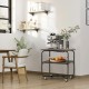 2-tier end table with a brown MDF surface and metal frame, featuring wheels for easy mobility and lockable casters.
