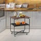 2-tier end table with a brown MDF top and metal frame, featuring wheels for easy mobility in the kitchen.