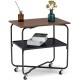 Brown 2-tier end table with a foldable metal frame and storage shelf, designed for easy mobility with lockable wheels.