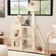 Multi-level cat tree in beige with sisal scratching post, padded perch, and hammock for climbing and resting.