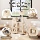 Multi-level cat tree in beige featuring padded perch, soft platform, and fluffy hammock for comfortable resting.